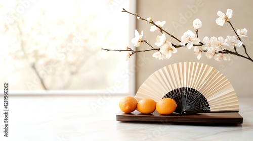 Ornate fan with handpainted plum blossoms and bamboo, paired with real kumquats on a silk cloth for a luxurious aesthetic