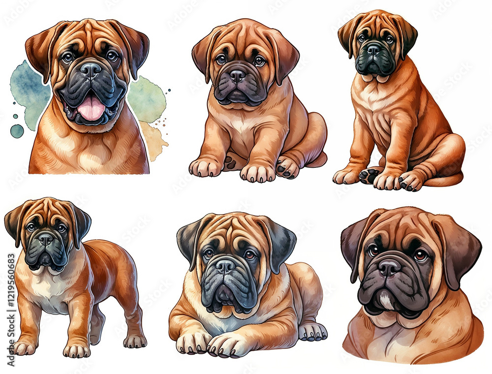 Obraz premium Colorful illustrations depict a Bullmastiff in various poses, highlighting its friendly demeanor and distinct features. Each drawing captures the dog's charm and personality.