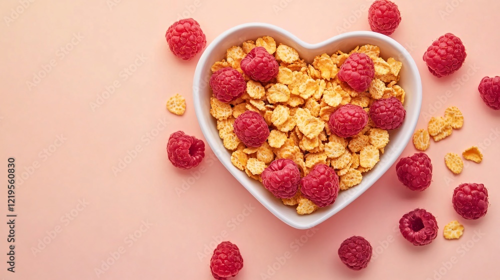 Vibrant cereal in a heart-shaped bowl, styled with raspberries, isolated on pastel peach background Vibrant cereal in a heart-shaped bowl, styled with raspberries, isolated on pastel peach background