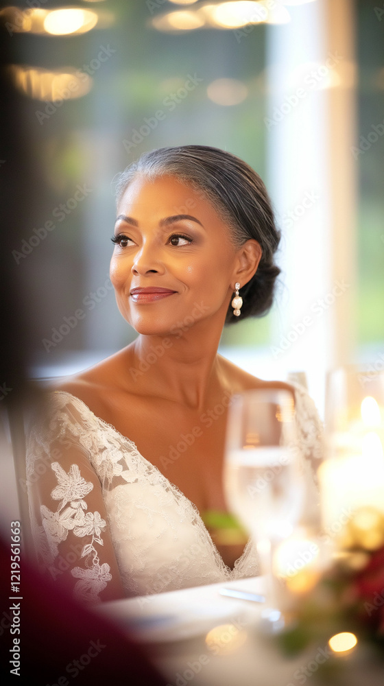 Elegant woman in a wedding dress at a reception, reflecting joy and grace during the celebration. Generative AI Elegant woman in a wedding dress at a reception, reflecting joy and grace during the celebration. Generative AI