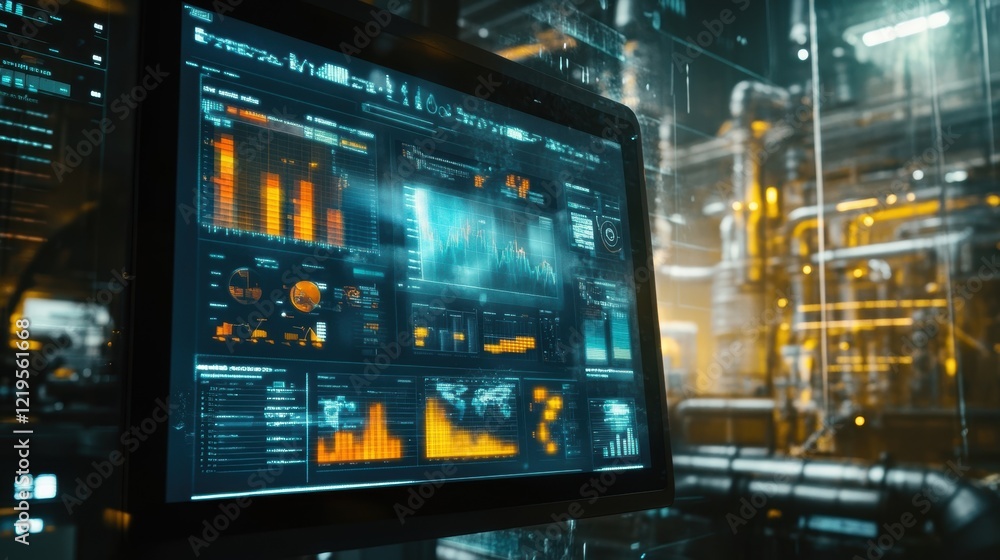 The screen of a tablet reflects vibrant graphs and analytics on emissions reduction the device set against a backdrop of factory machinery where the environment is a buzz of productivity. The screen of a tablet reflects vibrant graphs and analytics on emissions reduction the device set against a backdrop of factory machinery where the environment is a buzz of productivity.
