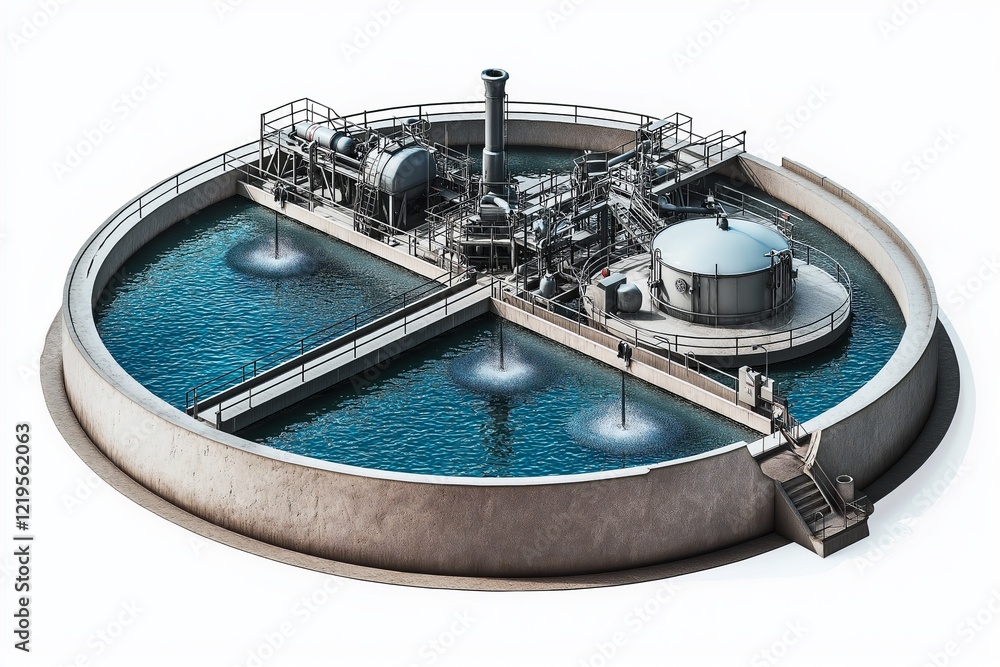 Obraz premium Isometric illustration of a modern wastewater treatment plant, showcasing advanced filtration, purification, and sustainable water management in industrial infrastructure, Generative AI
