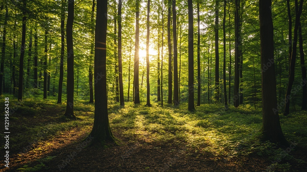 Obraz premium Sunlit Forest Path: A Serene Woodland Scene