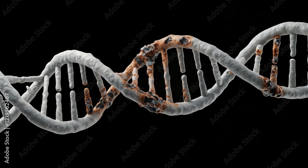 Close-up of dna strand with visible damage on black background Close-up of dna strand with visible damage on black background