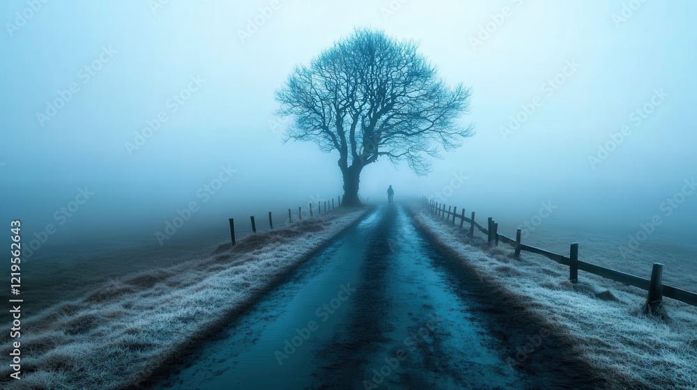 A solitary tree stands on a misty path, enveloped in fog, evoking a sense of mystery and solitude, inviting contemplation and reflection on the journey ahead. A solitary tree stands on a misty path, enveloped in fog, evoking a sense of mystery and solitude, inviting contemplation and reflection on the journey ahead.