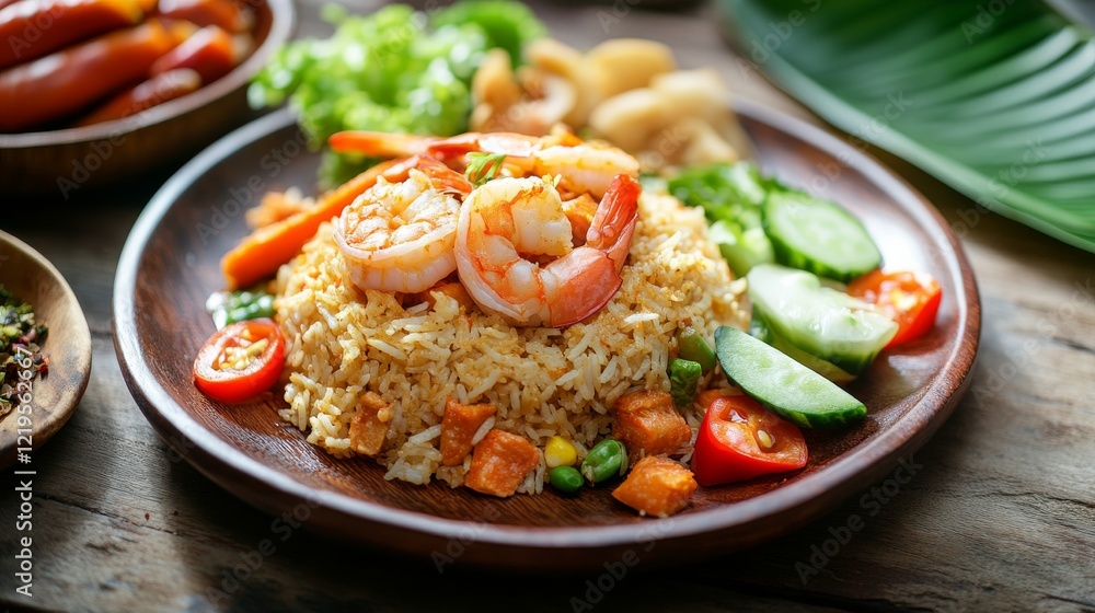 Image of rice and Indonesian nasi goreng with shrimp and vegetables in a traditional Indonesian plate, emphasizing savory and aromatic qualities. Ideal for Indonesian cuisine and street food. Image of rice and Indonesian nasi goreng with shrimp and vegetables in a traditional Indonesian plate, emphasizing savory and aromatic qualities. Ideal for Indonesian cuisine and street food.
