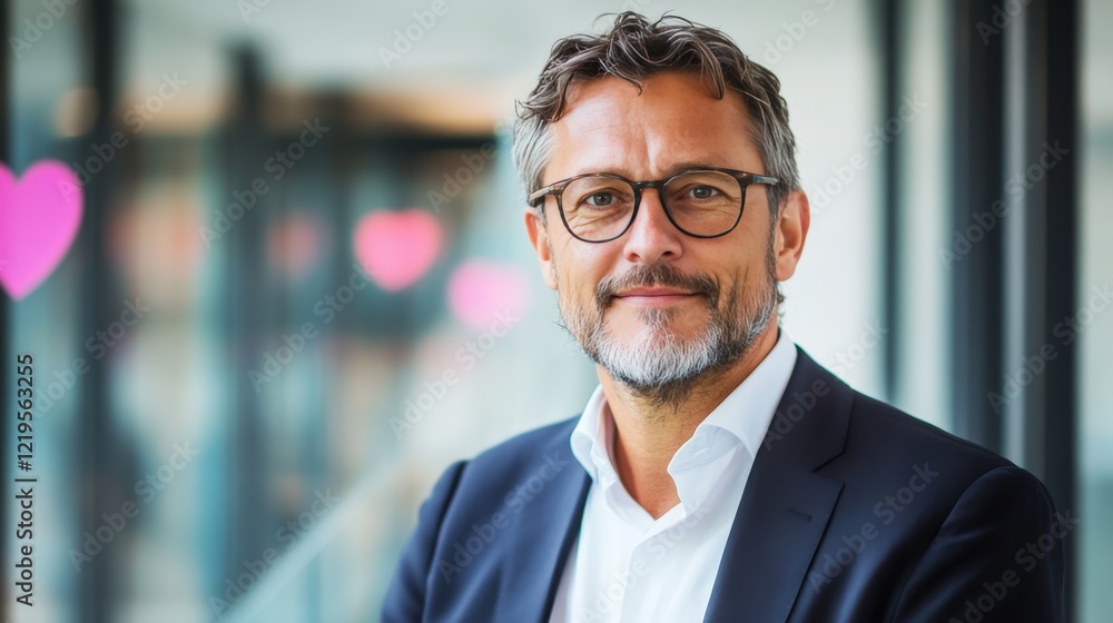 Obraz premium Mature Man in Suit Wearing Glasses Smiles Serene
