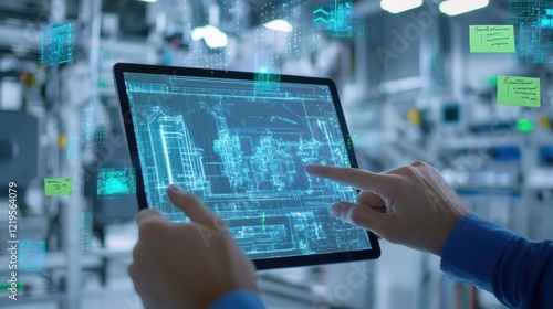 A workers hand interacting with a digital whiteboard on a tablet highlighting collaborative brainstorming sessions and ideasharing features with manufacturing processes illustrated photo