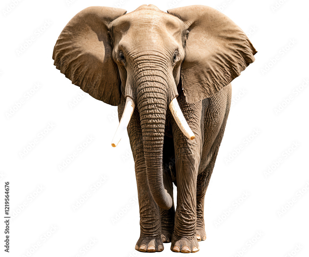 Obraz premium A majestic adult elephant standing, displaying intricate details of the skin and tusks, set against a transparent background.