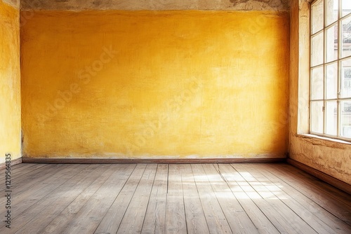 Old Room Interior Yellow Wall Wooden Floor Sunlight Empty Space Vintage Building Design Background Texture aged worn pane real blank glass style image photo    
