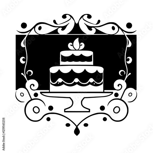 A delectable two-tiered cake, adorned with exquisite frosting and delicate swirls, sits on a pedestal, framed by elegant flourishes. Perfect for celebrations and special occasions.