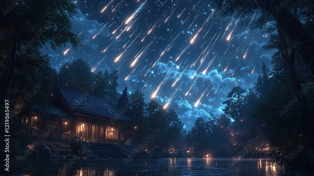 Obraz premium A breathtaking celestial scene featuring a deep blue sky filled with numerous sparkling stars and streaking meteors.