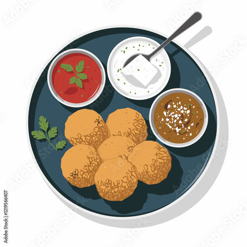 Vada Platter with Coconut Chutney, Tomato Chutney, and Sambar