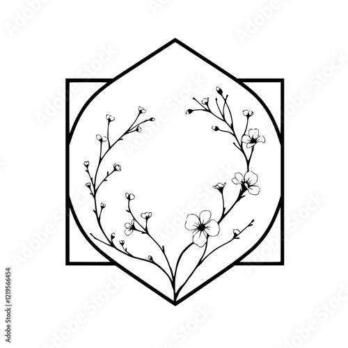 Elegant Cherry Blossom Line Art: Minimalist Botanical Print, Black and White Floral Frame, Spring Nature Design