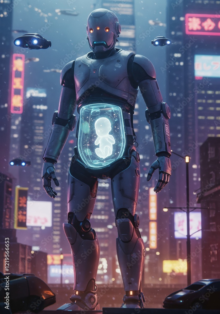 Futuristic robot with neon lights in urban metropolis featuring hovering drones and cyborg insight Futuristic robot with neon lights in urban metropolis featuring hovering drones and cyborg insight