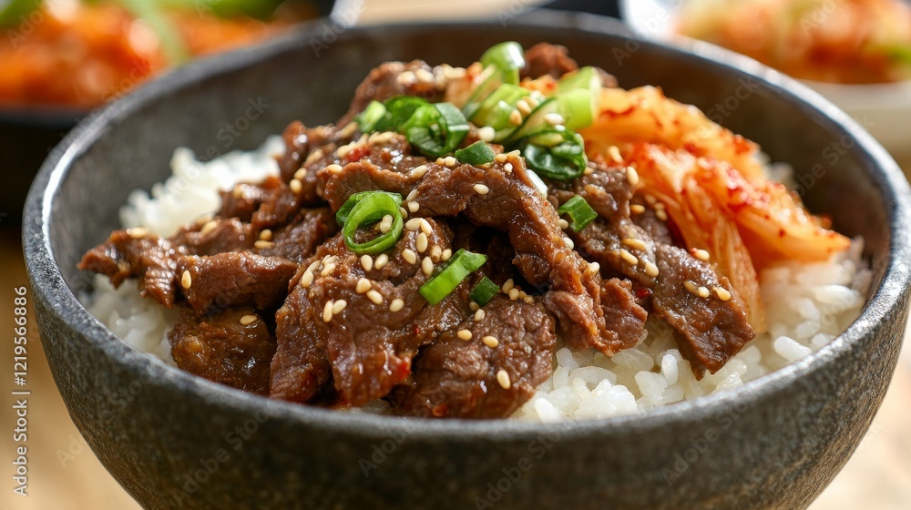 Image of rice and Korean beef bulgogi with kimchi in a stoneware bowl, emphasizing spicy and savory flavors. Ideal for Korean cuisine and hearty meals. Image of rice and Korean beef bulgogi with kimchi in a stoneware bowl, emphasizing spicy and savory flavors. Ideal for Korean cuisine and hearty meals.