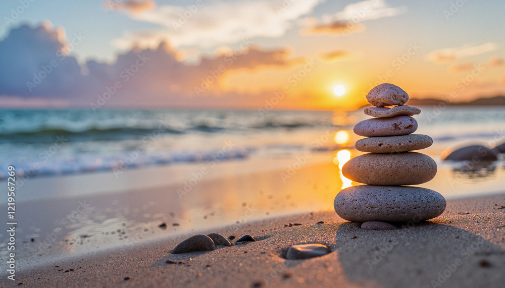 Fototapeta premium Serene stack of stones on sandy beach at sunset, symbol of peace