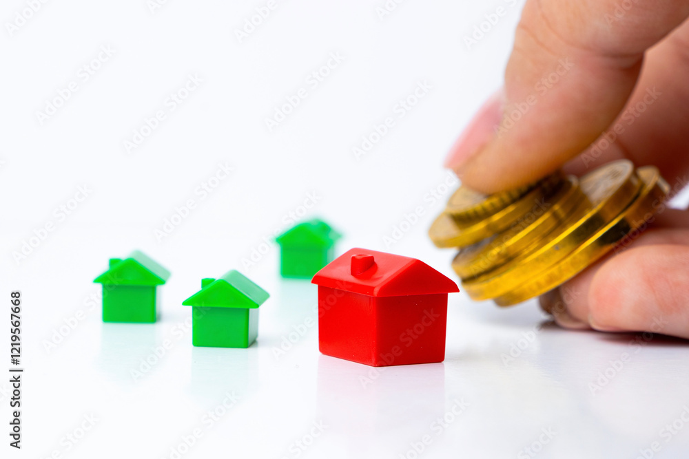 Miniature houses sit atop gold coins, representing real estate investment, property value, and financial growth. The image symbolizes market trends, homeownership, and the economy's impact on housing