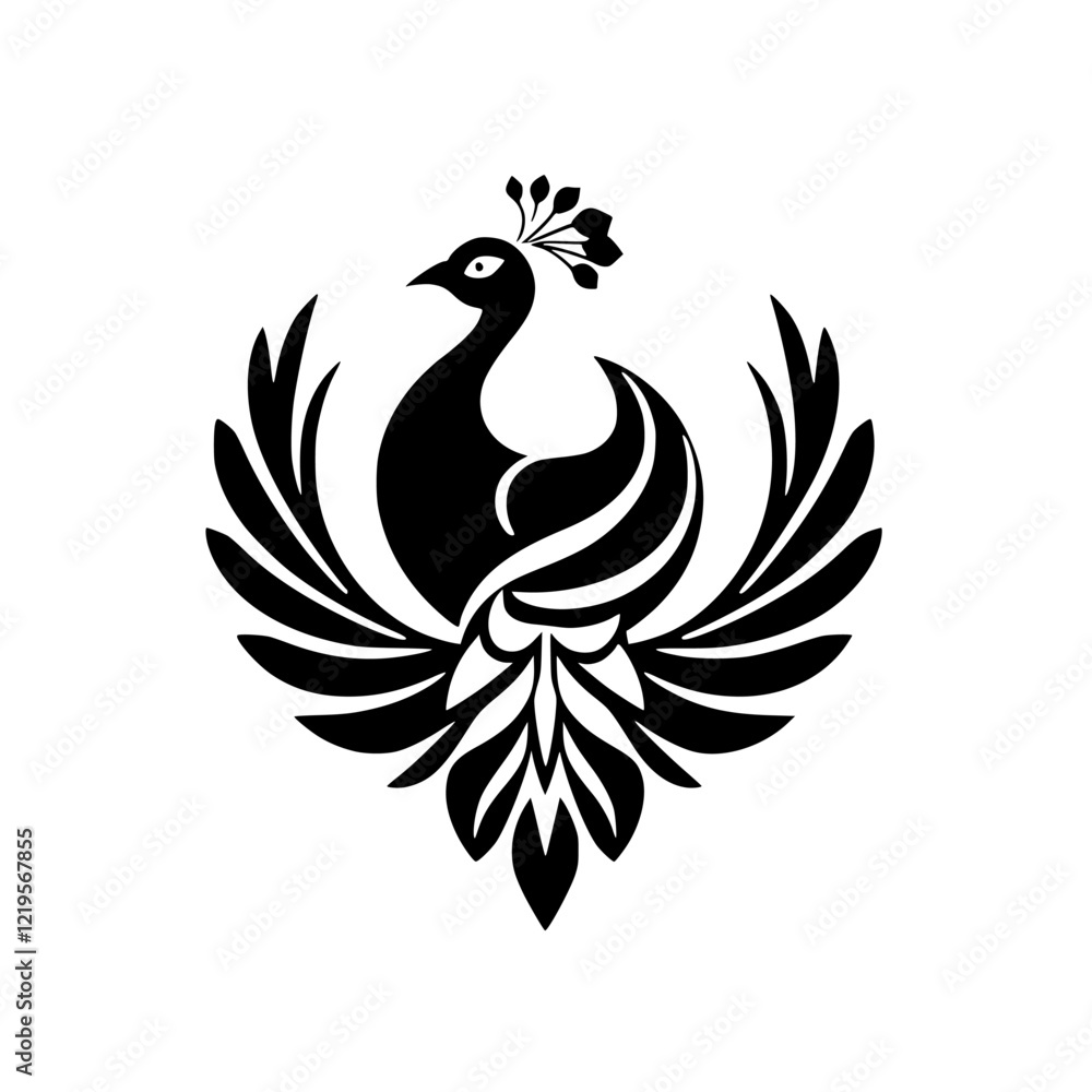 Fototapeta premium Elegant Peacock Bird Design: Black and White Feather Symbol - Nature Wildlife Graphic