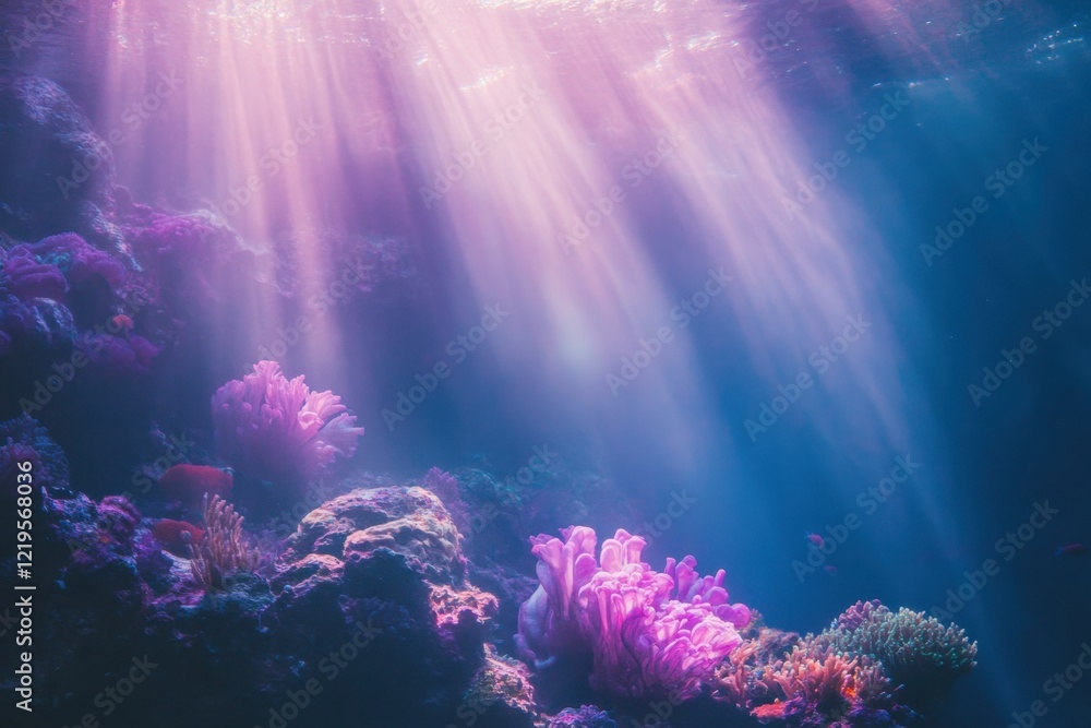 Fototapeta premium Underwater coral reef bathed in sunlight beams showing vibrant marine life