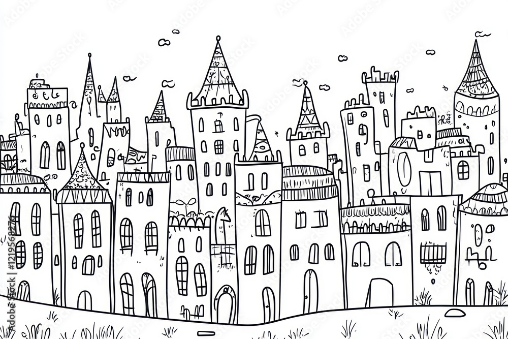 Fairytale city skyline, whimsical architecture, background sky, children's book illustration Fairytale city skyline, whimsical architecture, background sky, children's book illustration