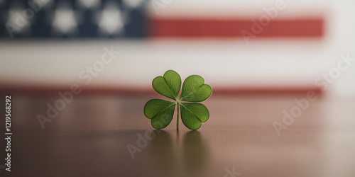 Four-leaf clover on a table with a blurred American flag in the background. A symbol of luck and patriotism. photo