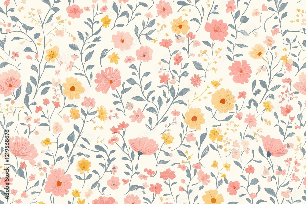 Seamless pattern with pastel pink and yellow small flowers on a white background, hand-drawn illustration, perfect for elegant and charming design applications Seamless pattern with pastel pink and yellow small flowers on a white background, hand-drawn illustration, perfect for elegant and charming design applications