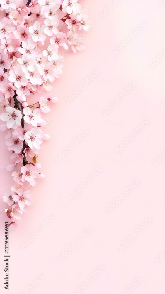 Obraz premium Delicate Cherry Blossoms on Soft Pink Background with Copy-Space