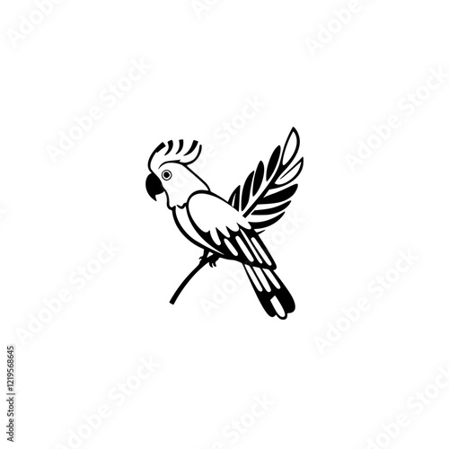 Elegant Black and White Parrot Illustration: Tropical Bird Graphic Design, Perfect for Logo or Symbol