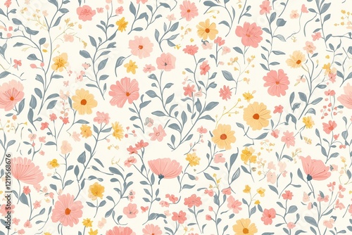 Seamless pattern with pastel pink and yellow small flowers on a white background, hand-drawn illustration, perfect for elegant and charming design applications