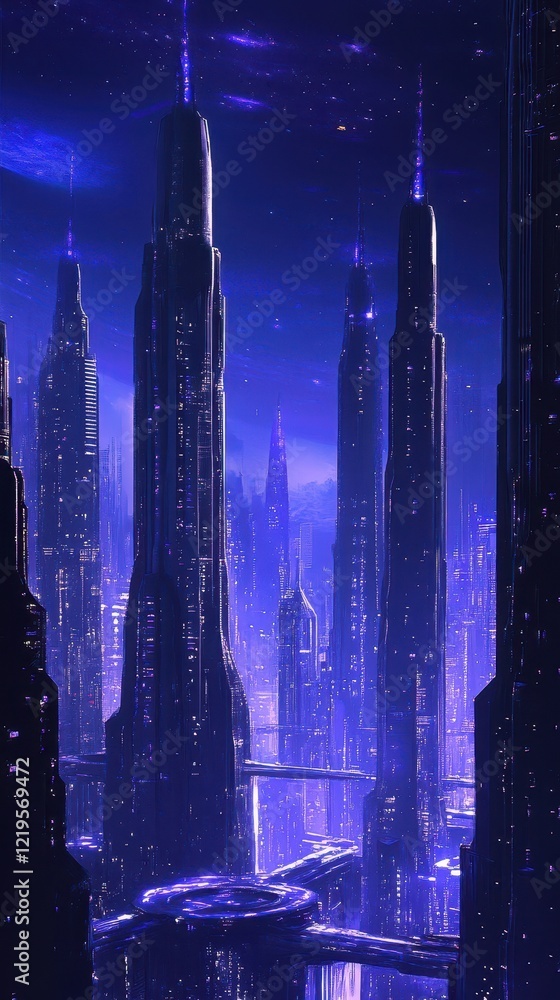 Fototapeta premium Futuristic Cityscape Underneath a Starry Night Sky