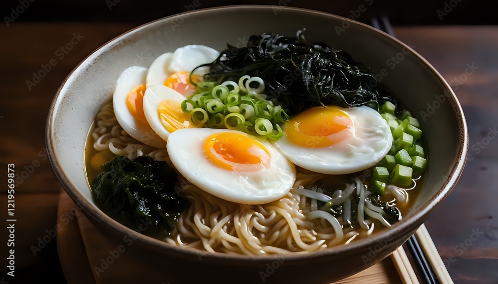 Delectable Ramen Bowl: Soft Eggs, Seaweed, and Noodles in Serene Style Delectable Ramen Bowl: Soft Eggs, Seaweed, and Noodles in Serene Style
