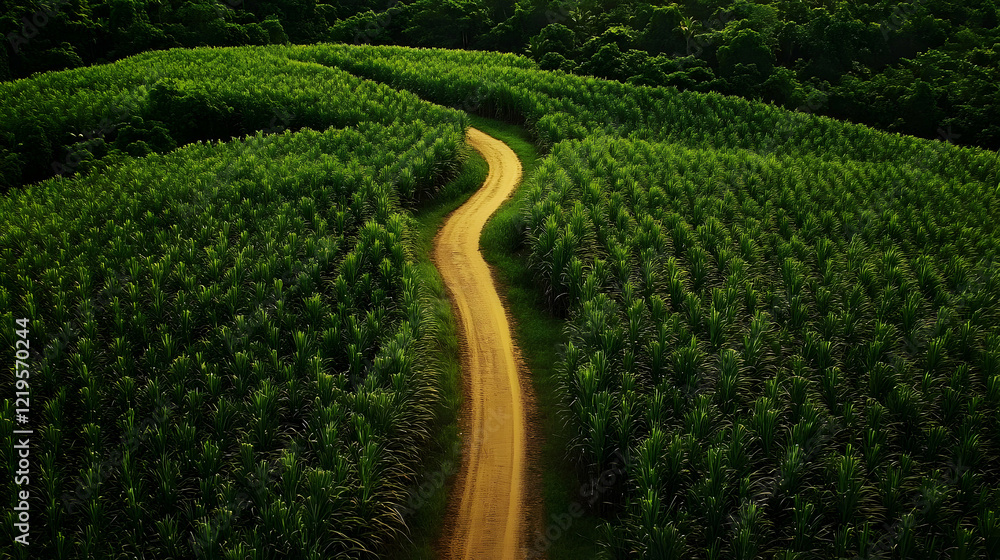 Aerial View of a Winding Dirt Road Through Lush Sugarcane Fields Aerial View of a Winding Dirt Road Through Lush Sugarcane Fields
