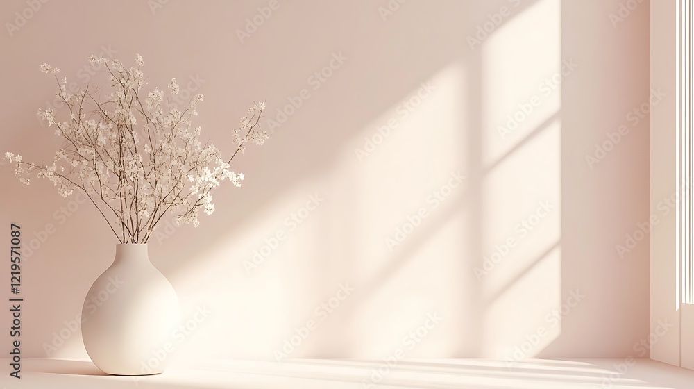 White flowers in a simple vase against a pale pink wall White flowers in a simple vase against a pale pink wall