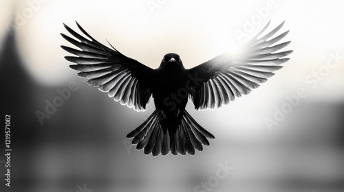A black bird flying through the air with its wings spread