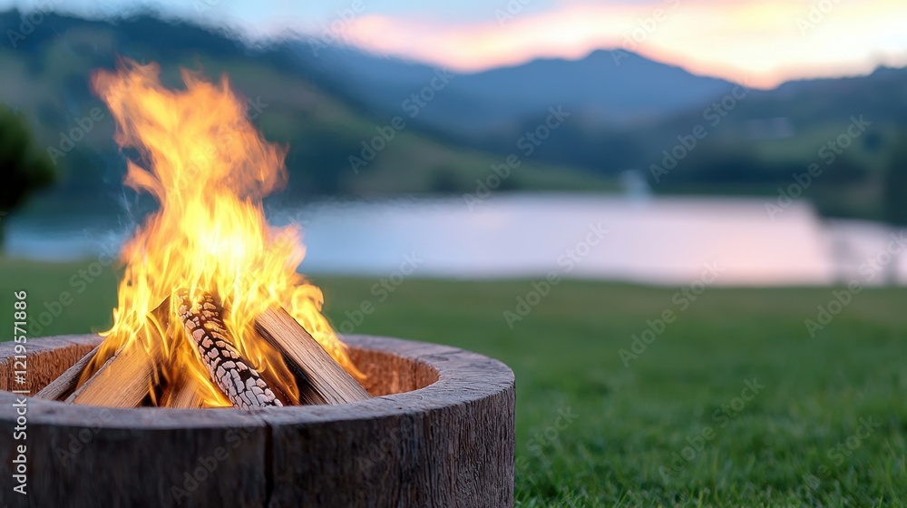 A fire pit in the middle of a grassy field next to a lake A fire pit in the middle of a grassy field next to a lake