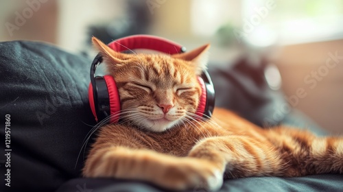 Relaxed ginger cat listening to music at home