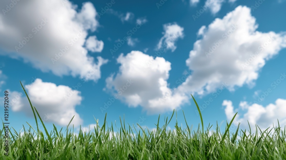 Obraz premium A field of green grass under a blue sky with white clouds