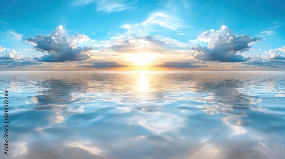 Obraz premium A beautiful sunset over the ocean with clouds reflecting in the water