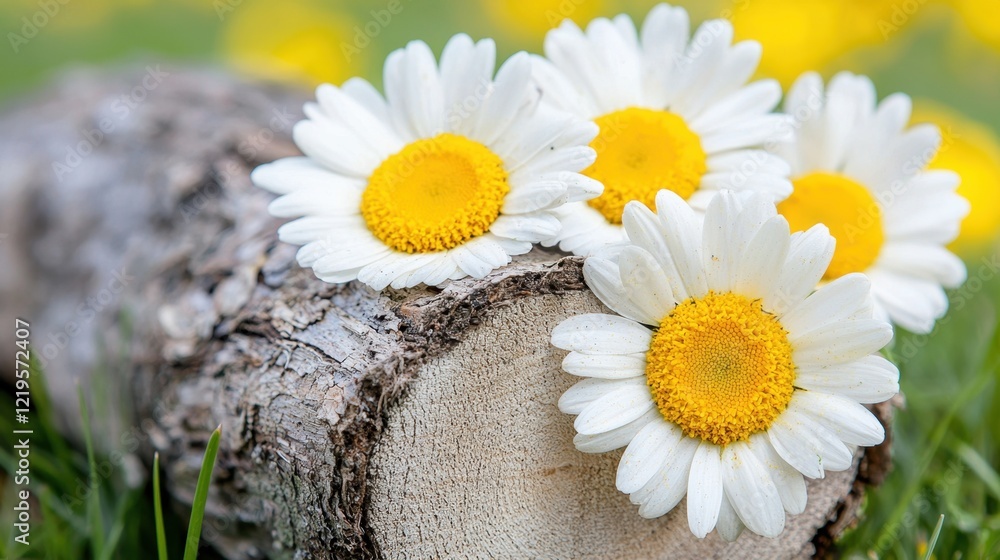 Fototapeta premium A bunch of daisies sitting on top of a tree stump