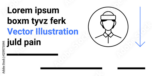 Avatar icon of a person in professional attire, placeholder text, horizontal lines, and downward arrow element. Ideal for web design, brochures, presentations, social media, infographics