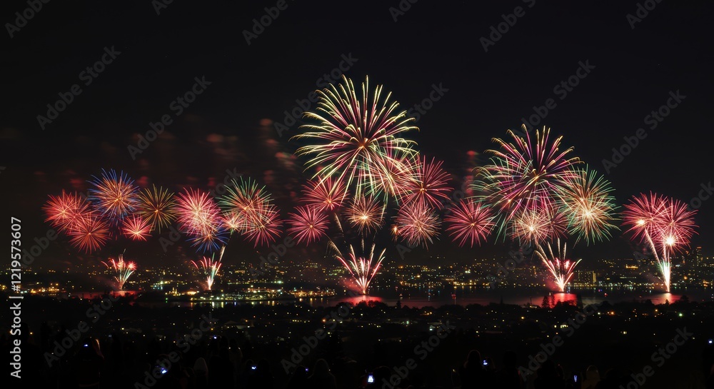 Vibrant fireworks display over city skyline at night Vibrant fireworks display over city skyline at night