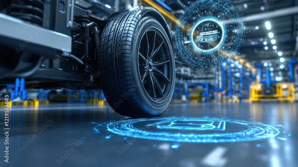 Obraz premium Closeup of the vehicles operational wheels on a smooth factory surface with a subtle 5G connectivity icon radiating above symbolizing highspeed communication.