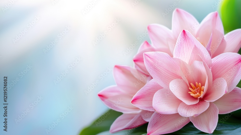 Fototapeta premium A close up of two pink lotus flowers with green leaves