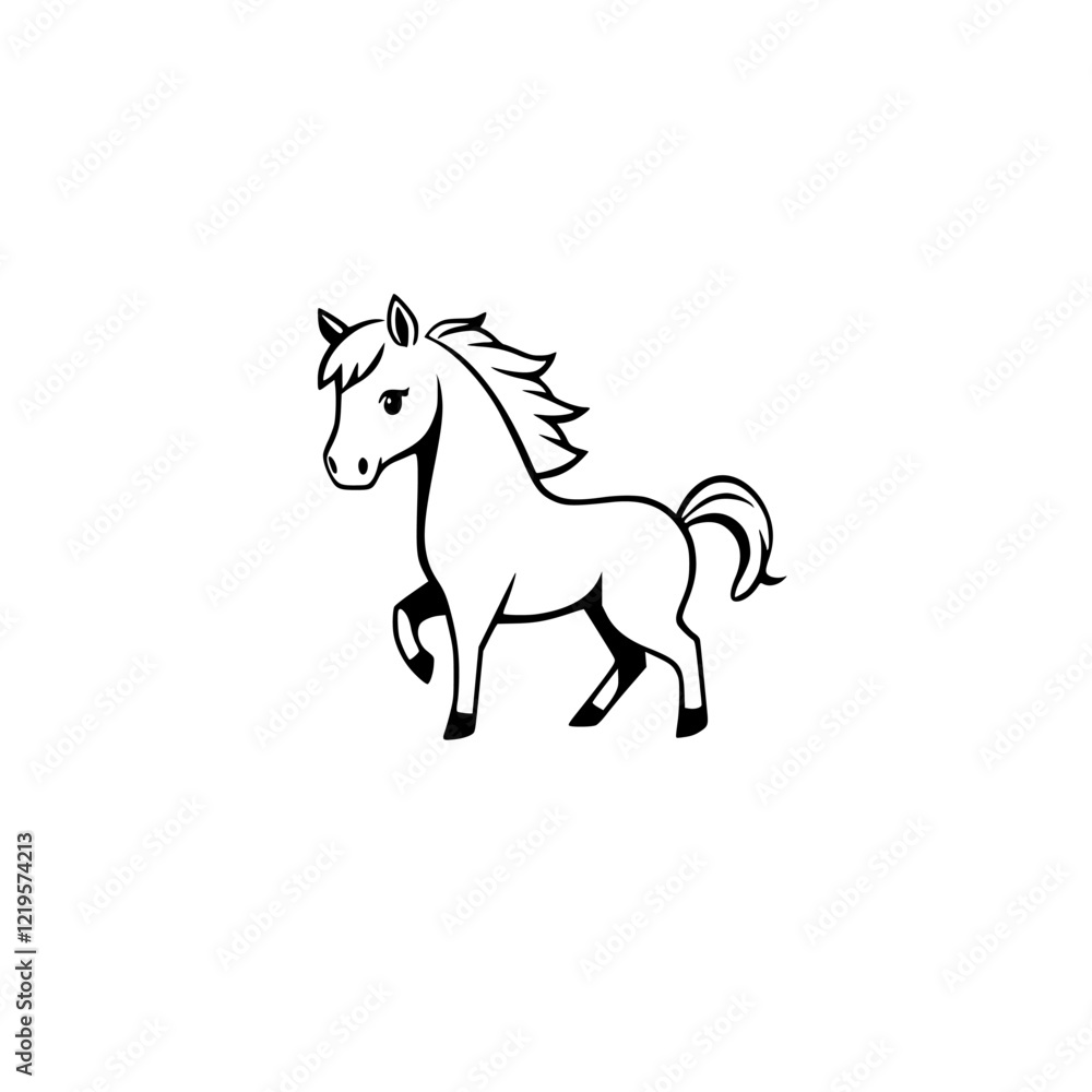 Adorable Cartoon Pony: A Charming Black and White Line Drawing of a Playful Horse Adorable Cartoon Pony: A Charming Black and White Line Drawing of a Playful Horse