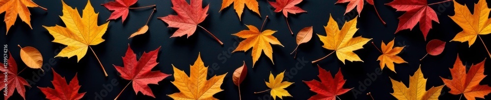Fototapeta premium Colorful fallen leaves of oak trees scattered on a black background, maple leaf, leaf fall