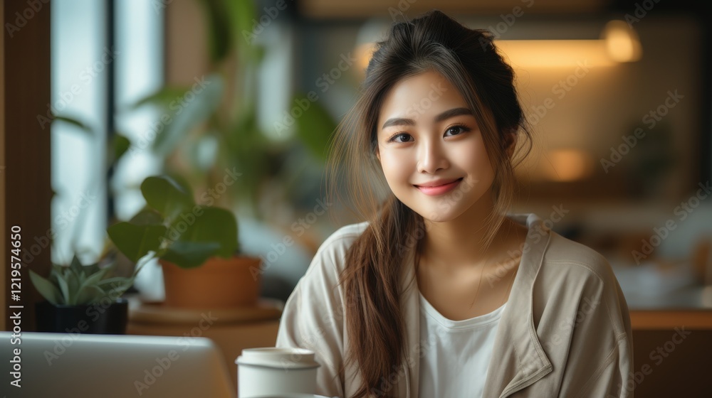 Smiling Young Woman in Cozy Cafe with Warm Tones and Green Plants Smiling Young Woman in Cozy Cafe with Warm Tones and Green Plants