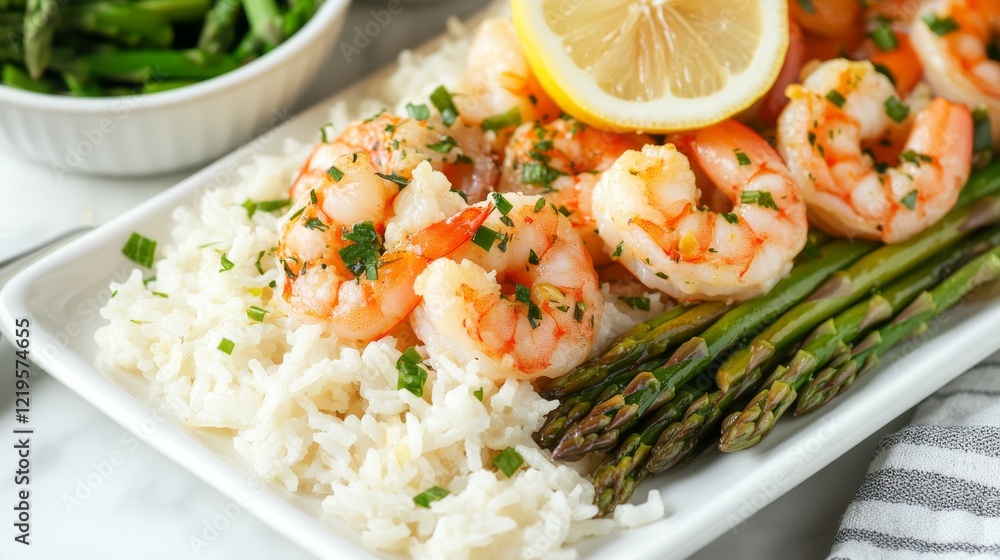 Image of rice and lemon garlic shrimp with asparagus in a white serving platter, emphasizing fresh and zesty flavors. Ideal for light and healthy meals. Image of rice and lemon garlic shrimp with asparagus in a white serving platter, emphasizing fresh and zesty flavors. Ideal for light and healthy meals.