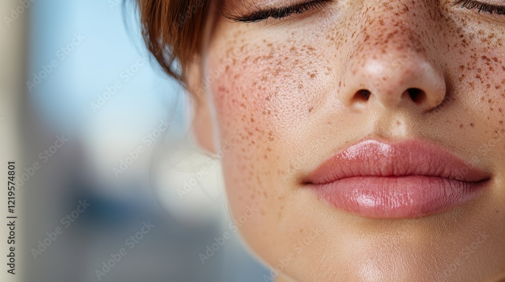 Obraz premium A woman with freckles on her face with her eyes closed