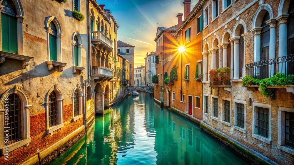 Fototapeta premium Venice Canal, Italy: Serene Gondola-Free Waterway with Copy Space for Text